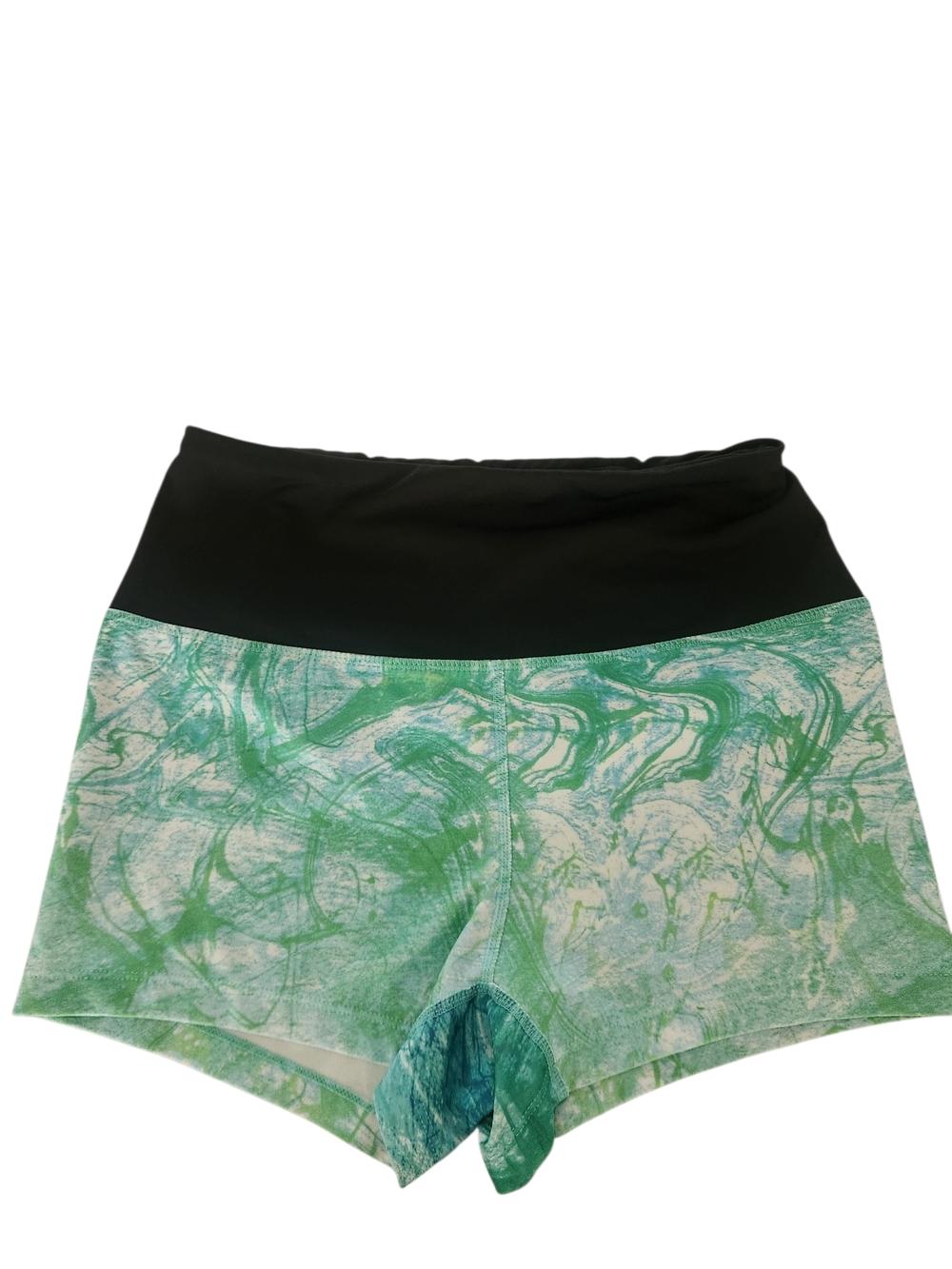 Women’s Green Marble Print Athletic Shorts with Wide Black Waistband Size Medium